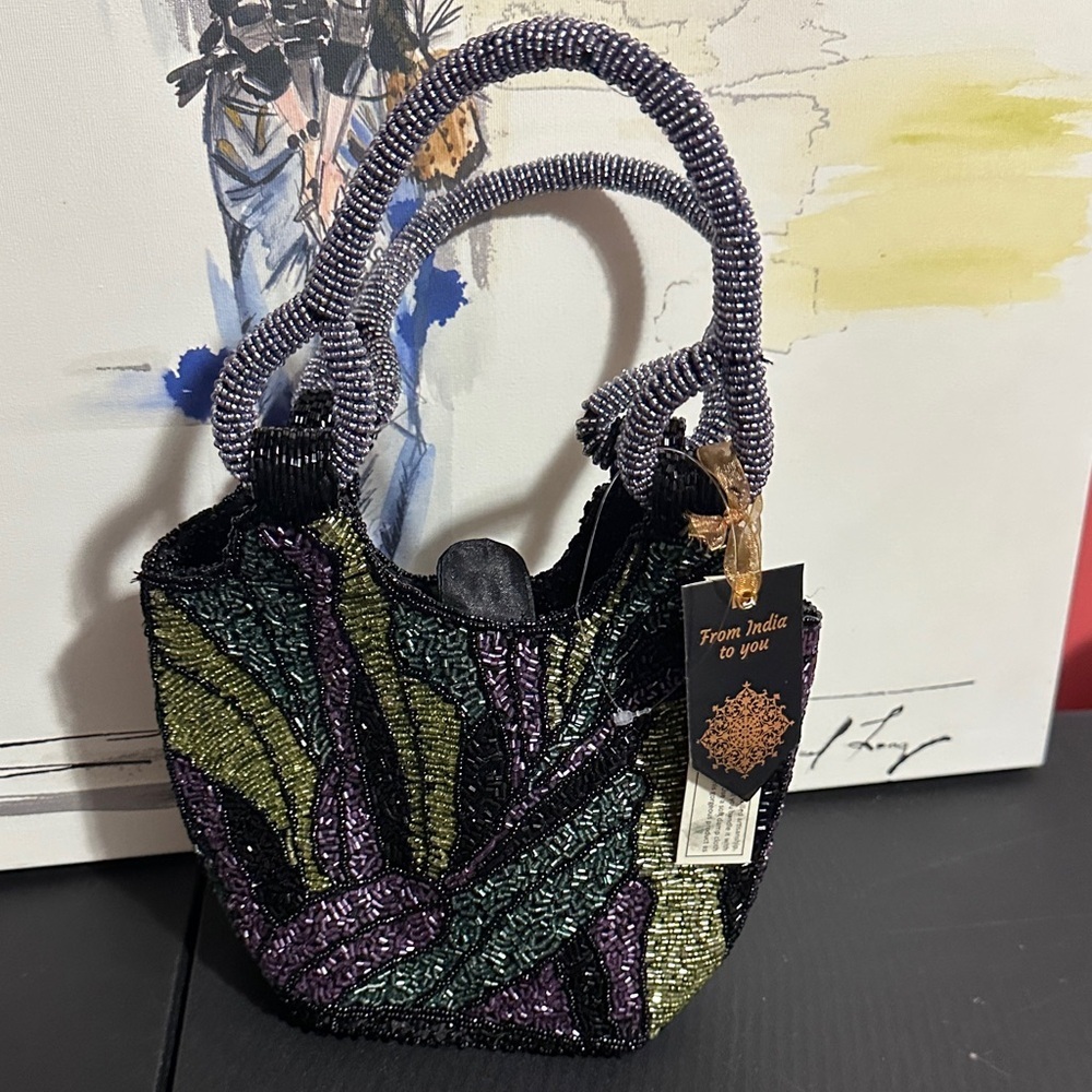 From India to you black with purple beaded shoulder bag